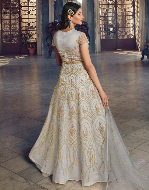 Grey Anarkali style Anarkali Semi-Stitched Suits Salwar Kameez in Cording Embroidery, Sequins & Lace Work Closure View Embroidery