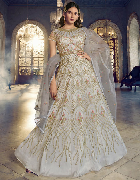 Grey Anarkali style Anarkali Semi-Stitched Suits Salwar Kameez in Cording Embroidery, Sequins & Lace Work