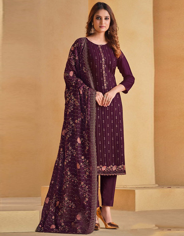 Heavy Designer Wedding Wear Salwar Suit Maroon Oak Chinnon Pant Straight Front View