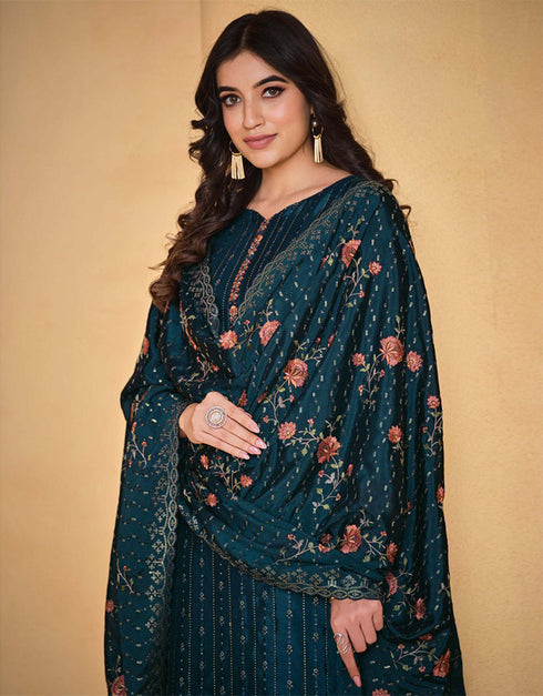 Heavy Designer Wedding Wear Salwar Suit Nile Blue Chinnon Pant Straight Close-up View