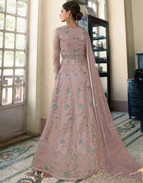 Dusty Pink Anarkali style Anarkali Semi-Stitched Suits Salwar Kameez in Cording Embroidery, Sequins & Lace Work Closure View Embroidery Back side View