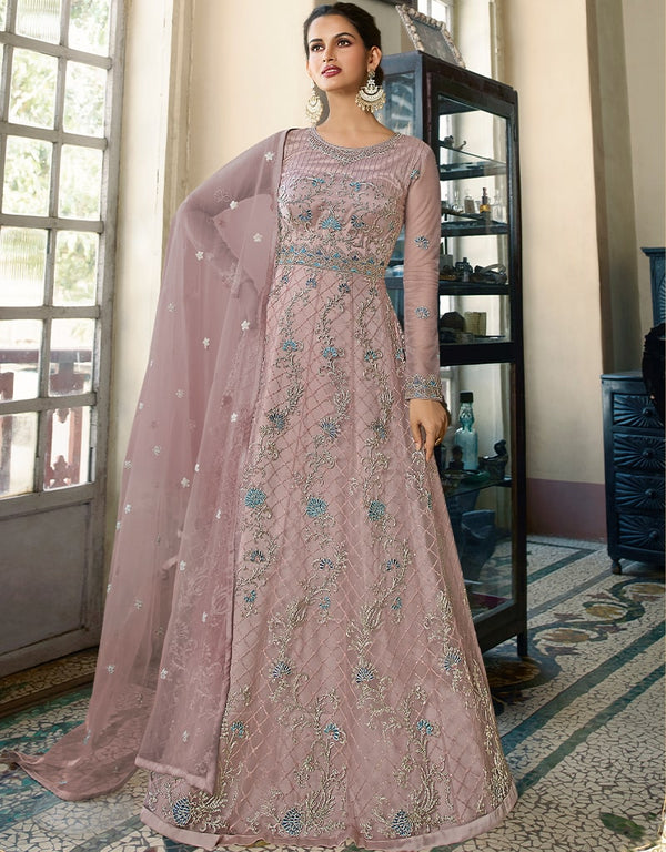 Dusty Pink Anarkali style Anarkali Semi-Stitched Suits Salwar Kameez in Cording Embroidery, Sequins & Lace Work