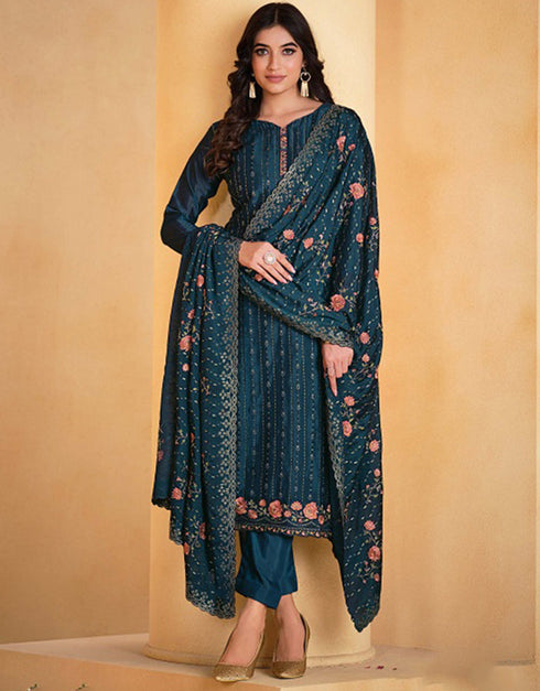 Heavy Designer Wedding Wear Salwar Suit Nile Blue Chinnon Pant Straight Front View
