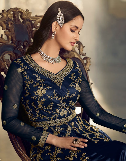 Blue Anarkali style Anarkali Semi-Stitched Suits Salwar Kameez in Cording Embroidery, Sequins & Lace Work Closure View Embroidery