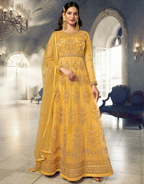 Mustard Yellow Anarkali style Anarkali Semi-Stitched Suits Salwar Kameez in Cording Embroidery, Sequins & Lace Work
