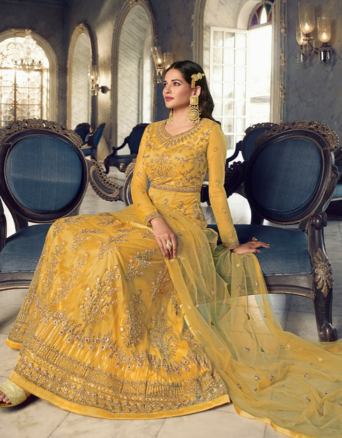 Mustard Yellow Anarkali style Anarkali Semi-Stitched Suits Salwar Kameez in Cording Embroidery, Sequins & Lace Work Closure View Embroidery Back side View