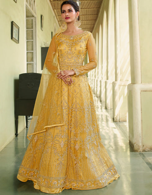 Yellow Anarkali style Gown Semi-Stitched Suits Salwar Kameez in Cording Embroidery, Sequins & Lace Work