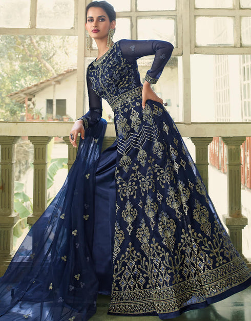 Blue Anarkali style Gown Semi-Stitched Suits Salwar Kameez in Cording Embroidery, Sequins & Lace Work Closure View Embroidery