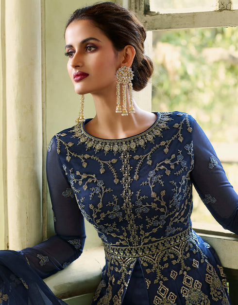 Blue Anarkali style Gown Semi-Stitched Suits Salwar Kameez in Cording Embroidery, Sequins & Lace Work Closure View
