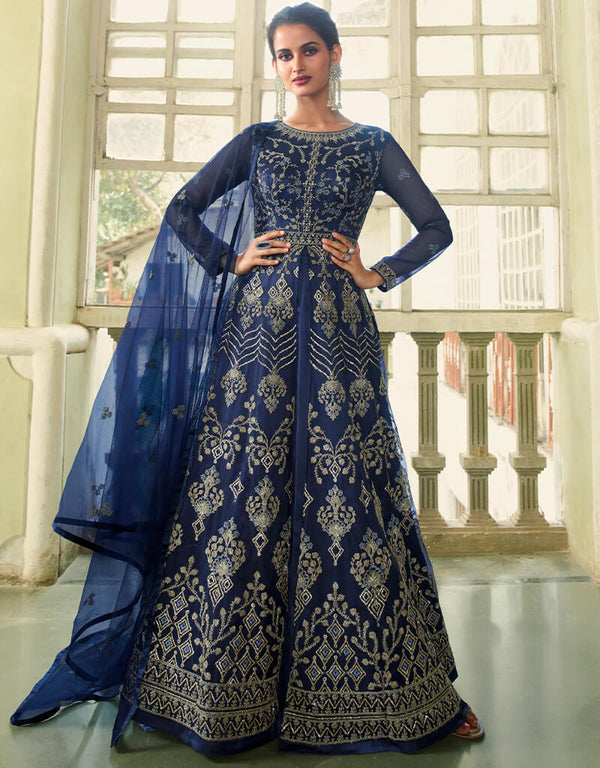 Blue Anarkali style Gown Semi-Stitched Suits Salwar Kameez in Cording Embroidery, Sequins & Lace Work