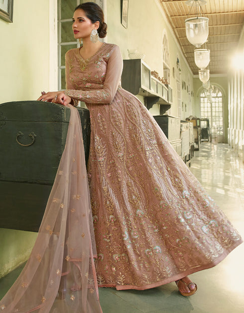 Beige Anarkali style Gown Semi-Stitched Suits Salwar Kameez in Cording Embroidery, Sequins & Lace Work Closure View