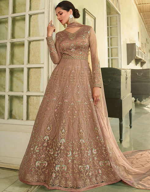 Beige Anarkali style Gown Semi-Stitched Suits Salwar Kameez in Cording Embroidery, Sequins & Lace Work