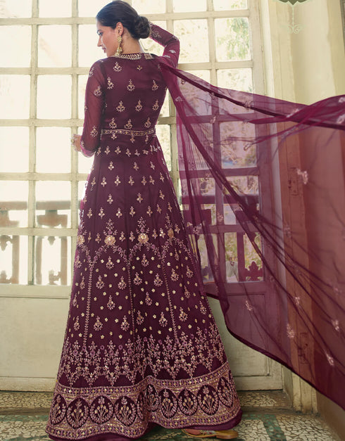 Wine Anarkali style Gown Semi-Stitched Suits Salwar Kameez in Cording Embroidery, Sequins & Lace Work Closure View Embroidery Back side View