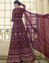Wine Anarkali style Gown Semi-Stitched Suits Salwar Kameez in Cording Embroidery, Sequins & Lace Work Closure View Embroidery Back side View