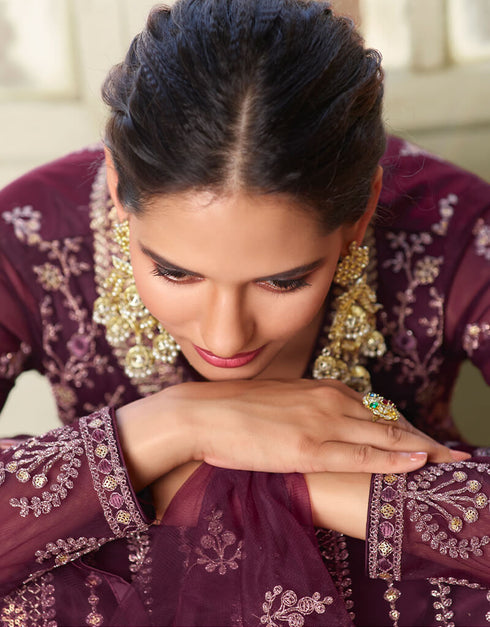 Wine Anarkali style Gown Semi-Stitched Suits Salwar Kameez in Cording Embroidery, Sequins & Lace Work Closure View Embroidery