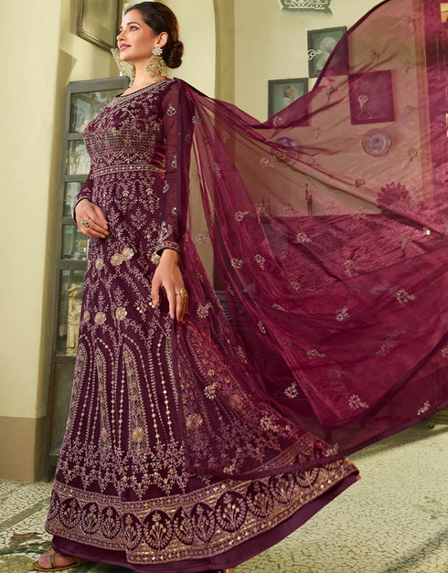 Wine Anarkali style Gown Semi-Stitched Suits Salwar Kameez in Cording Embroidery, Sequins & Lace Work Closure View