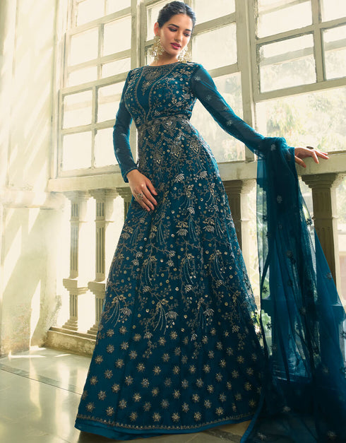 Teal Anarkali style Gown Semi-Stitched Suits Salwar Kameez in Cording Embroidery, Sequins & Lace Work Closure View