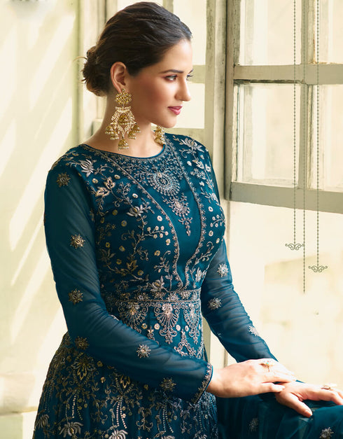 Teal Anarkali style Gown Semi-Stitched Suits Salwar Kameez in Cording Embroidery, Sequins & Lace Work Closure View Embroidery