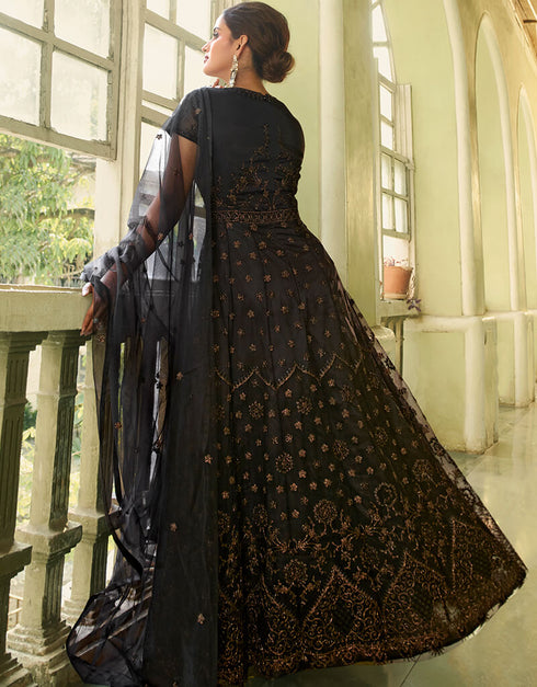 Black Anarkali style Gown Semi-Stitched Suits Salwar Kameez in Cording Embroidery, Sequins & Lace Work Closure View Embroidery Back side View