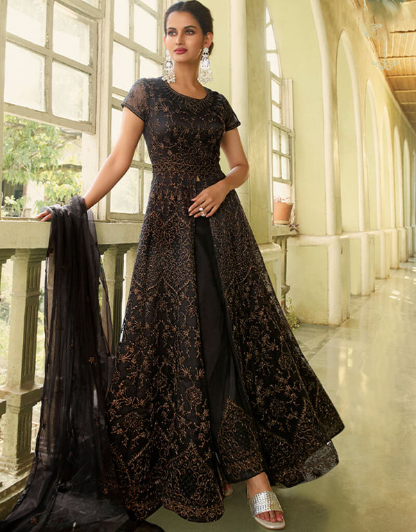 Black Anarkali style Gown Semi-Stitched Suits Salwar Kameez in Cording Embroidery, Sequins & Lace Work