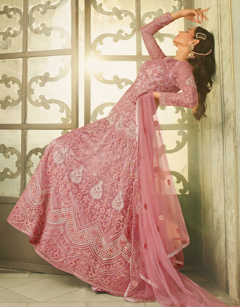 Pink Anarkali style Gown Semi-Stitched Suits Salwar Kameez in Cording Embroidery, Sequins & Lace Work Closure View
