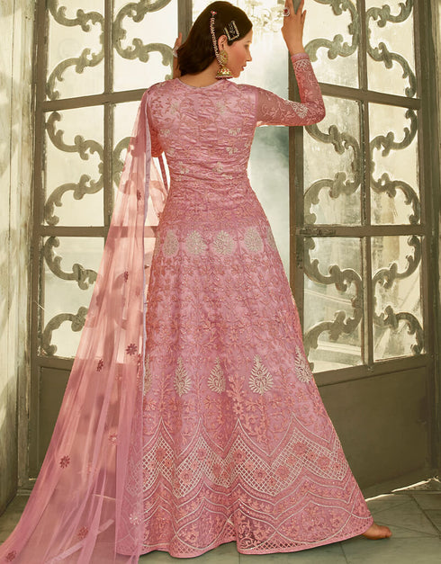 Pink Anarkali style Gown Semi-Stitched Suits Salwar Kameez in Cording Embroidery, Sequins & Lace Work Closure View Embroidery Back side View