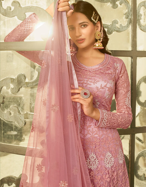 Pink Anarkali style Gown Semi-Stitched Suits Salwar Kameez in Cording Embroidery, Sequins & Lace Work Closure View Embroidery