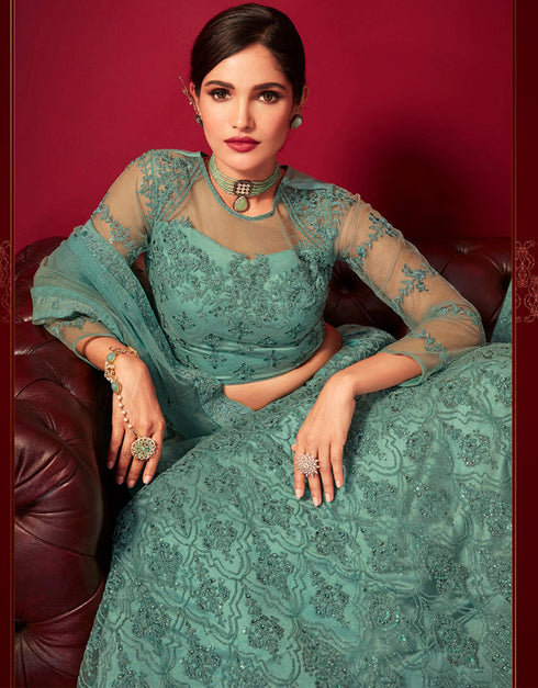 Designer Party Wear Velvet Lehenga Choli Collection Spanish Green Net And Silk Lehenga Choli Close-up View