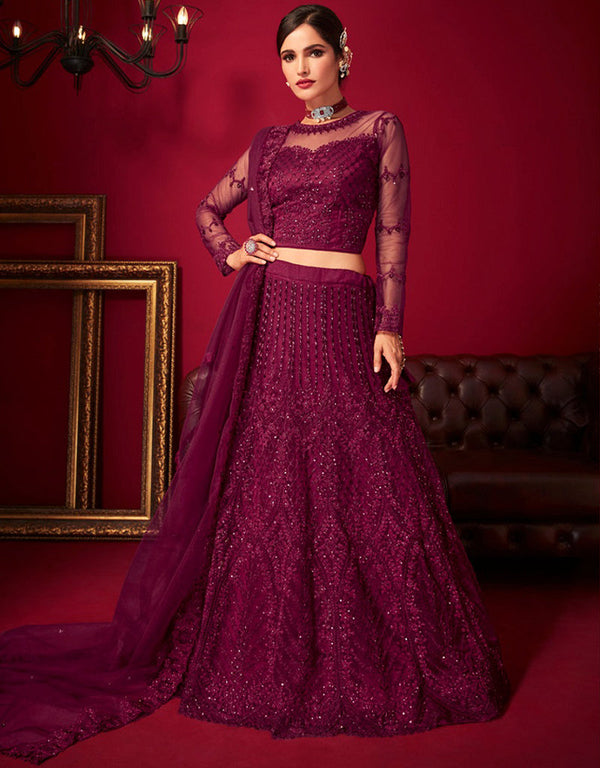 Designer Party Wear Velvet Lehenga Choli Collection Pansy Purple Net And Silk Lehenga Choli Front View