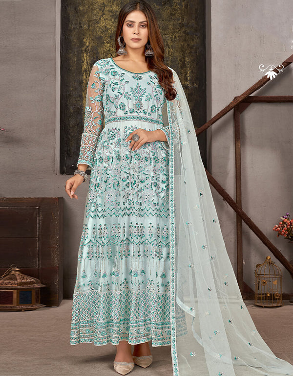 White Anarkali style Salwar Suit Butterfly Net Salwar Kameez in Embroidery, Sequins, Daimonds & Lace Work