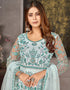 White Anarkali style Salwar Suit Butterfly Net Salwar Kameez in Embroidery, Sequins, Daimonds & Lace Work Closure View