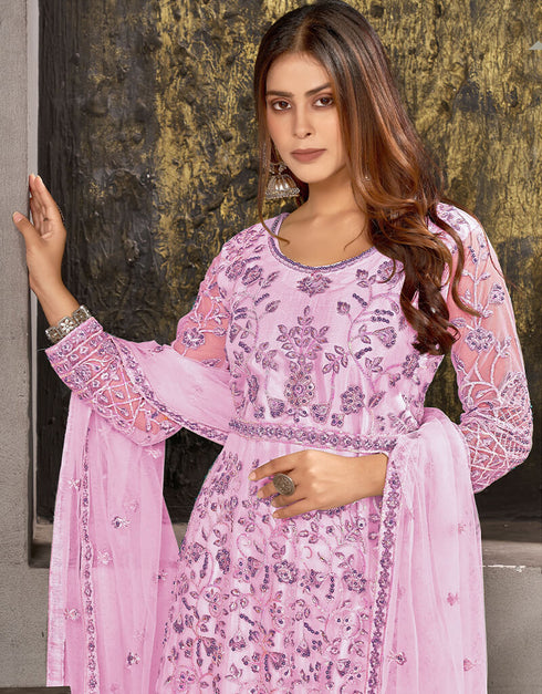 Pink Anarkali style Salwar Suit Butterfly Net Salwar Kameez in Embroidery, Sequins, Daimonds & Lace Work Closure View