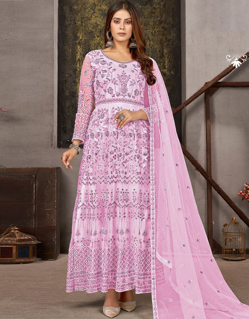 Pink Anarkali style Salwar Suit Butterfly Net Salwar Kameez in Embroidery, Sequins, Daimonds & Lace Work