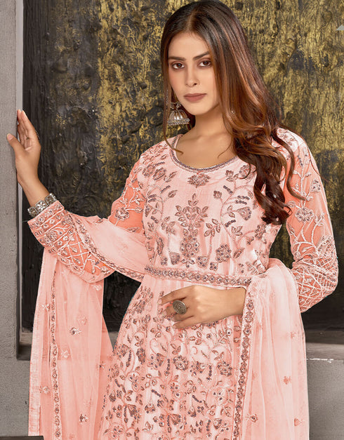 Peach Anarkali style Salwar Suit Butterfly Net Salwar Kameez in Embroidery, Sequins, Daimonds & Lace Work Closure View