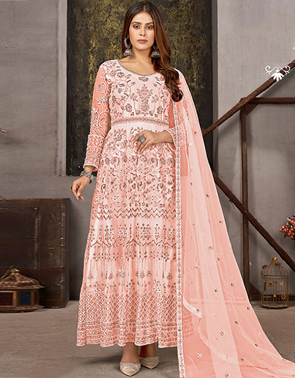 Peach Anarkali style Salwar Suit Butterfly Net Salwar Kameez in Embroidery, Sequins, Daimonds & Lace Work