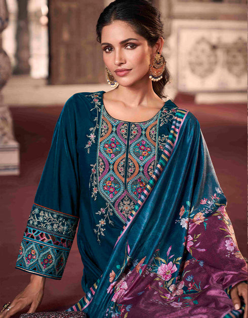 Heavy Designer Wedding Wear Velvet Salwar Suit Blue Whale Velvet Pant Straight Close-up View