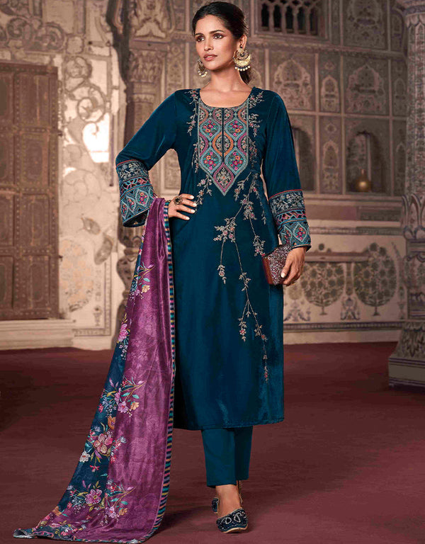 Heavy Designer Wedding Wear Velvet Salwar Suit Blue Whale Velvet Pant Straight Front View