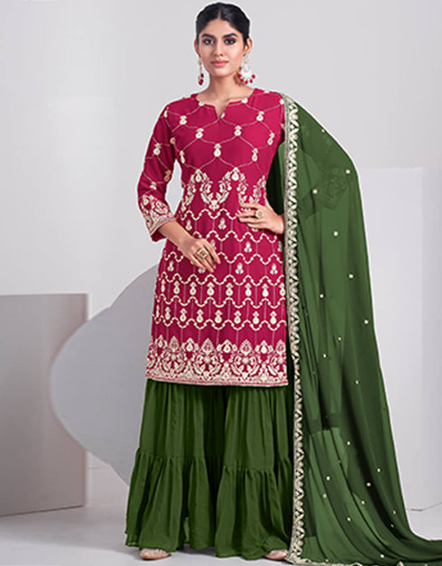 Pink Sharara style Suits Faux Georgette Salwar Kameez in Embroidery, Sequins & Lace Work