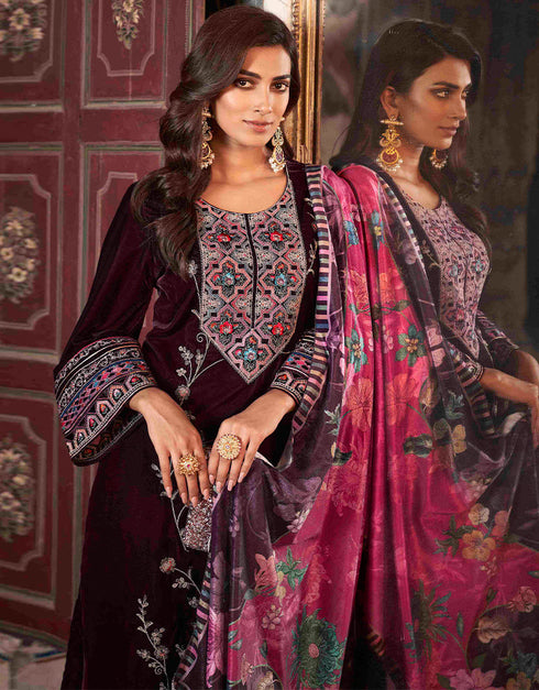 Heavy Designer Wedding Wear Velvet Salwar Suit Seal Brown Velvet Pant Straight Close-up View