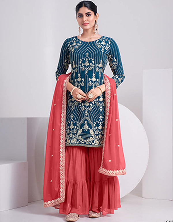 Teal Sharara style Suits Faux Georgette Salwar Kameez in Embroidery, Sequins & Lace Work