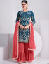 Teal Sharara style Suits Faux Georgette Salwar Kameez in Embroidery, Sequins & Lace Work