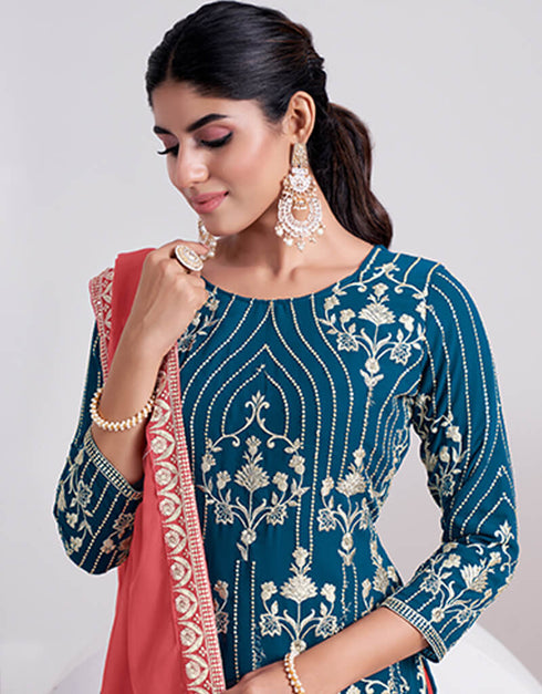 Teal Sharara style Suits Faux Georgette Salwar Kameez in Embroidery, Sequins & Lace Work Closure View