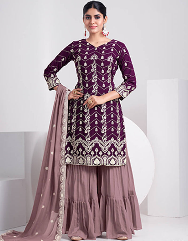 Purple Sharara style Suits Faux Georgette Salwar Kameez in Embroidery, Sequins & Lace Work