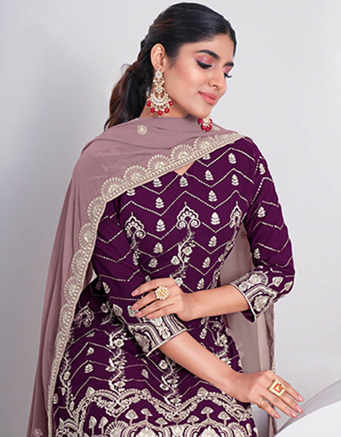 Purple Sharara style Suits Faux Georgette Salwar Kameez in Embroidery, Sequins & Lace Work Closure View