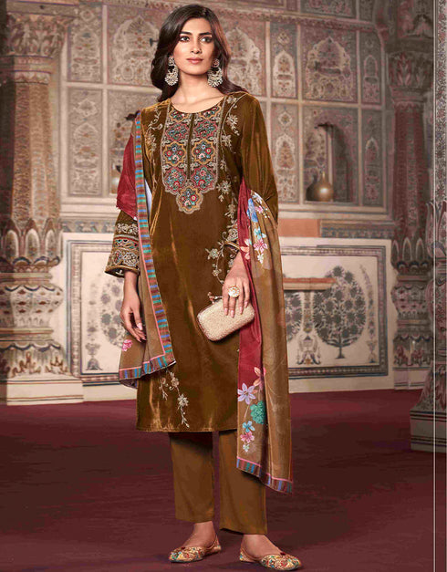 Heavy Designer Wedding Wear Velvet Salwar Suit Espresso Velvet Pant Straight Front View