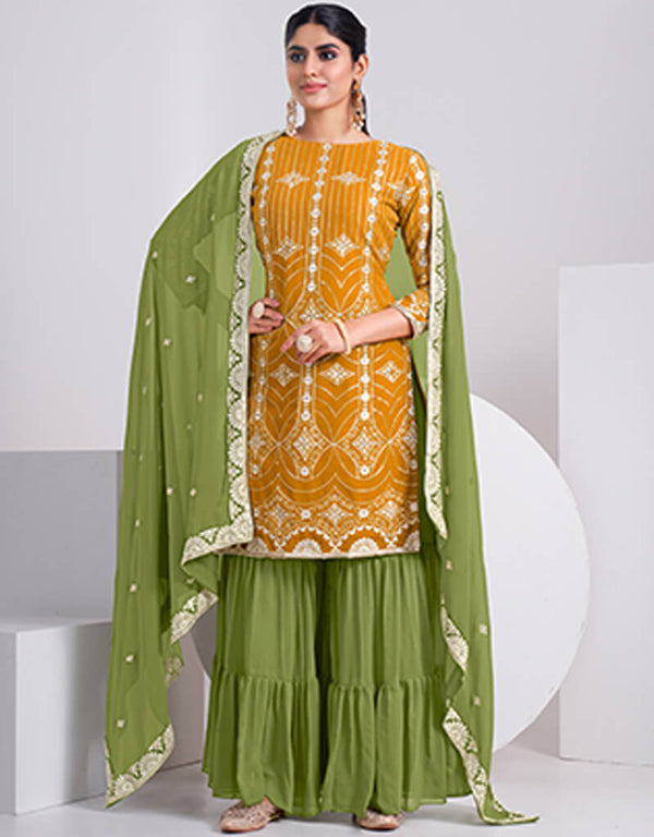 Yellow Sharara style Suits Faux Georgette Salwar Kameez in Embroidery, Sequins & Lace Work