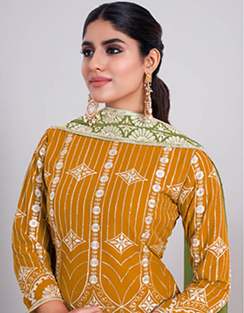 Yellow Sharara style Suits Faux Georgette Salwar Kameez in Embroidery, Sequins & Lace Work Closure View