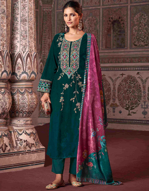 Heavy Designer Wedding Wear Velvet Salwar Suit Bottle Green Velvet Pant Straight Front View