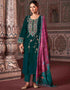 Heavy Designer Wedding Wear Velvet Salwar Suit Bottle Green Velvet Pant Straight Front View