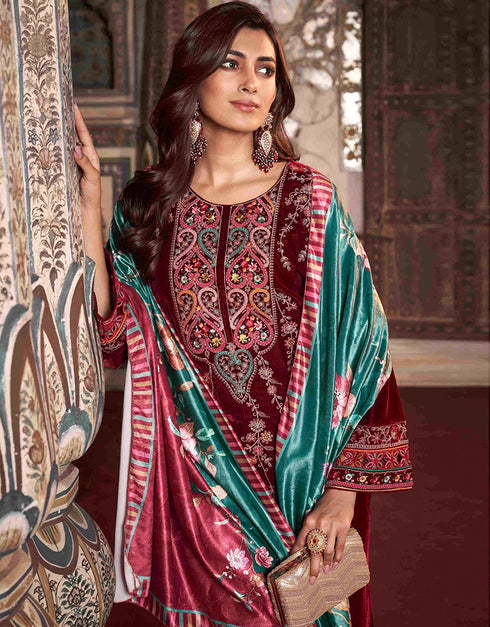 Heavy Designer Wedding Wear Velvet Salwar Suit Dark Scarlet Velvet Pant Straight Close-up View